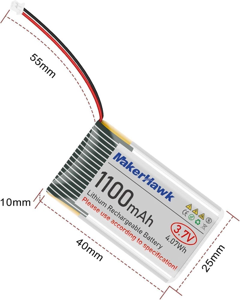 MakerHawk 2PCS 3.7V 1100mAh LiPo Battery Rechargeable 102540 JST2.0 Plug Lithium Polymer Battery with 1000mA USB Charger Cable and Protection Board Insulated Rubber Tape for Electronic Device RC Car Drones - Image 5